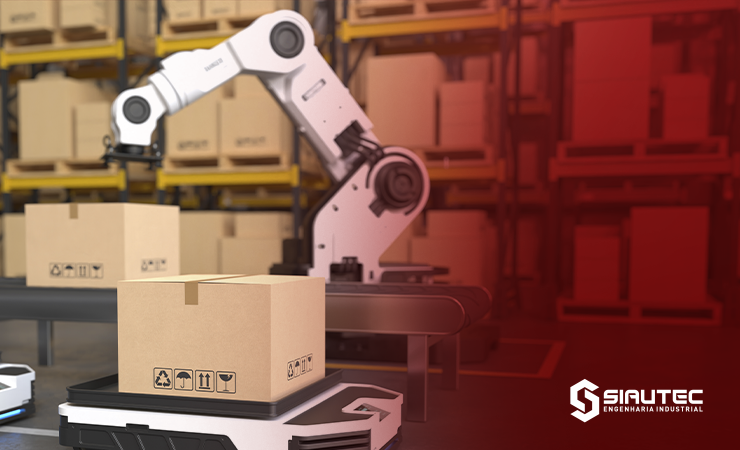 Robô realizando atividade de organização de produtos em embalagens em linha de produção automatizada.